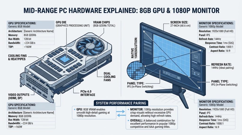 RTX 4060 and RX 7600 graphics cards positioned next to a 1080p gaming monitor