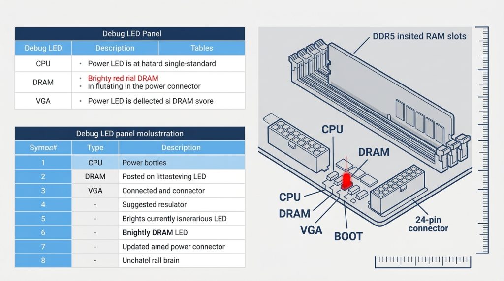 Motherboard debug LED panel showing the DRAM light lit alongside CPU, VGA, and BOOT indicators