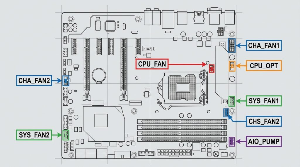motherboard fan headers CPU_FAN SYS_FAN CHA_FAN AUX_FAN labeled diagram