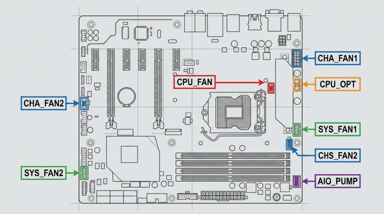motherboard fan headers CPU_FAN SYS_FAN CHA_FAN AUX_FAN labeled diagram