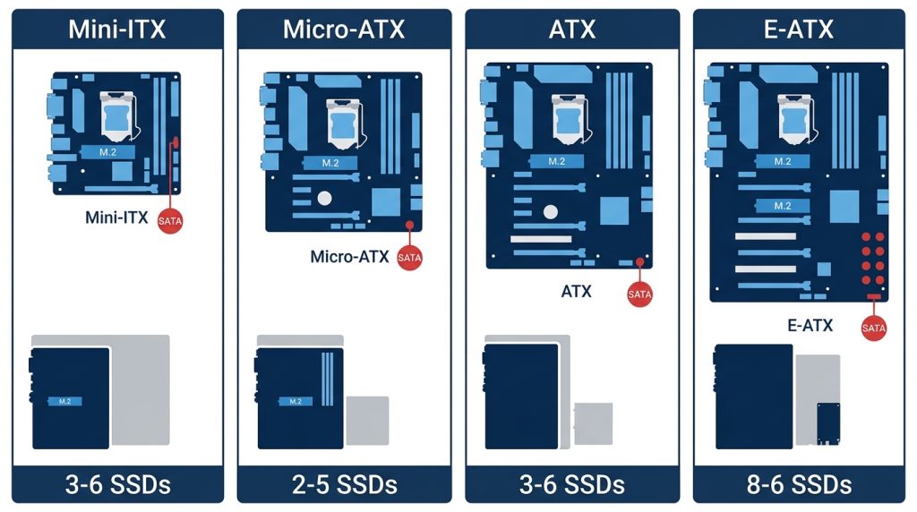 Mini-ITX Micro-ATX ATX E-ATX motherboard SSD slot limits
