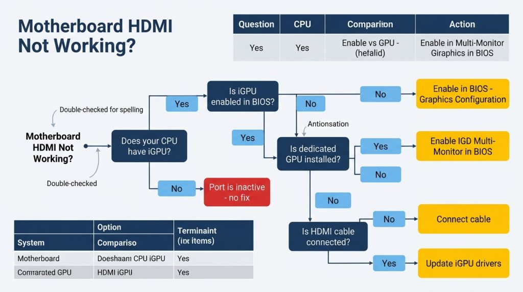motherboard HDMI not working troubleshooting decision tree flowchart