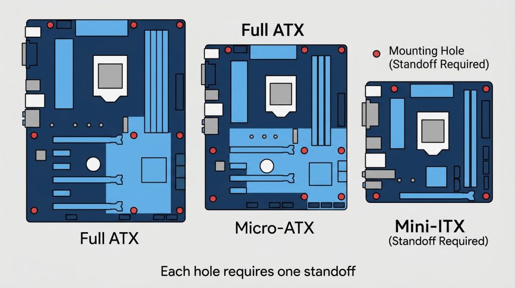 Diagram comparing ATX, micro-ATX, and mini-ITX motherboard mounting hole positions for standoff placement