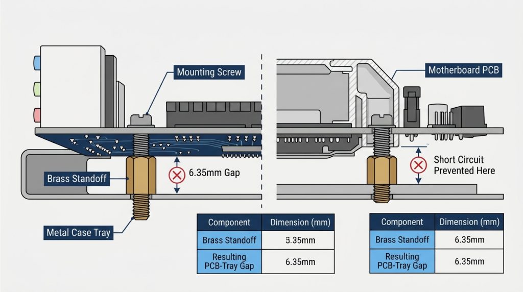cross-section diagram showing motherboard standoff preventing short circuit between PCB and case chassis