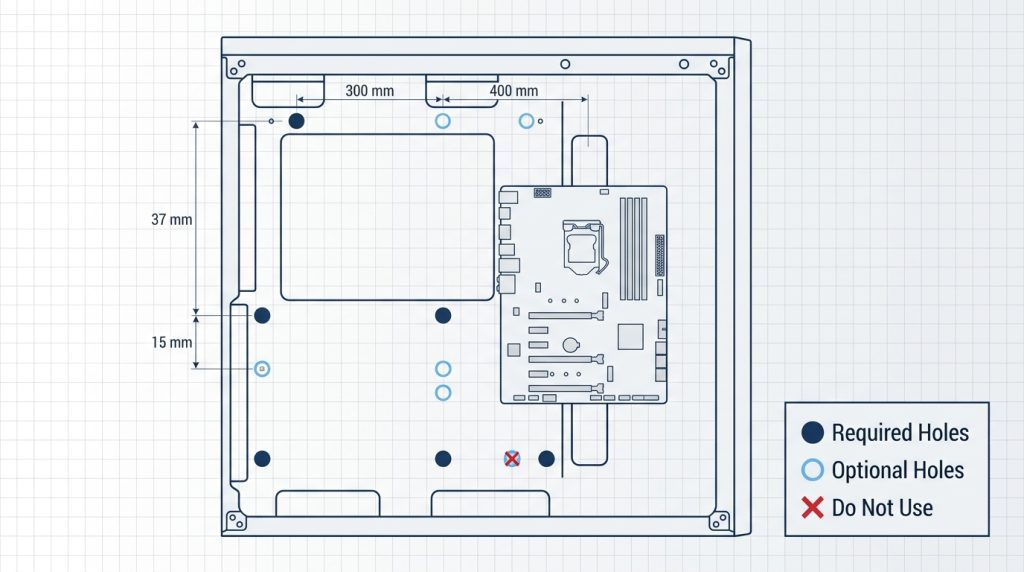 ATX motherboard standoff hole layout diagram showing correct mounting positions