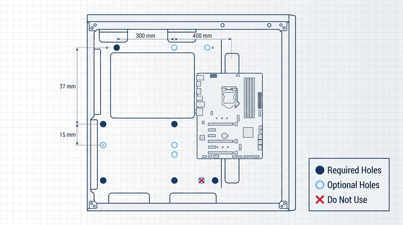 ATX motherboard standoff hole layout diagram showing correct mounting positions