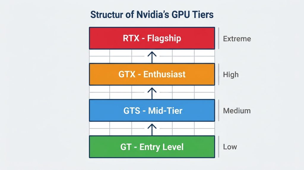 Nvidia GPU naming hierarchy GT GTS GTX RTX tiers entry mid enthusiast flagship