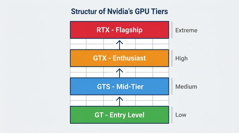 Nvidia GPU naming hierarchy GT GTS GTX RTX tiers entry mid enthusiast flagship