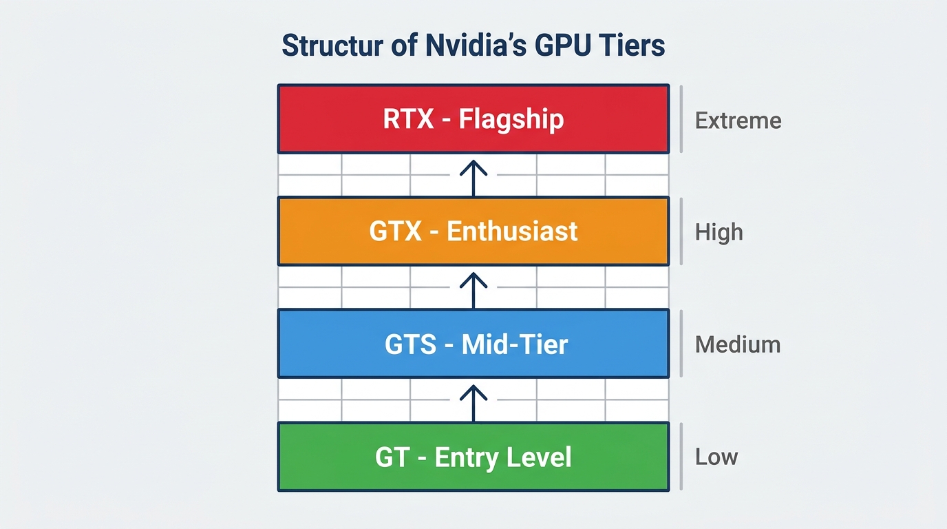 Nvidia GPU naming hierarchy GT GTS GTX RTX tiers entry mid enthusiast flagship