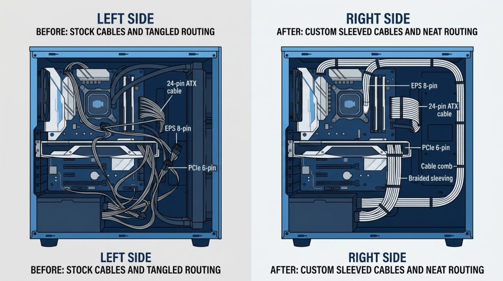 PC build interior cable management before after sleeving GPU EPS 24-pin