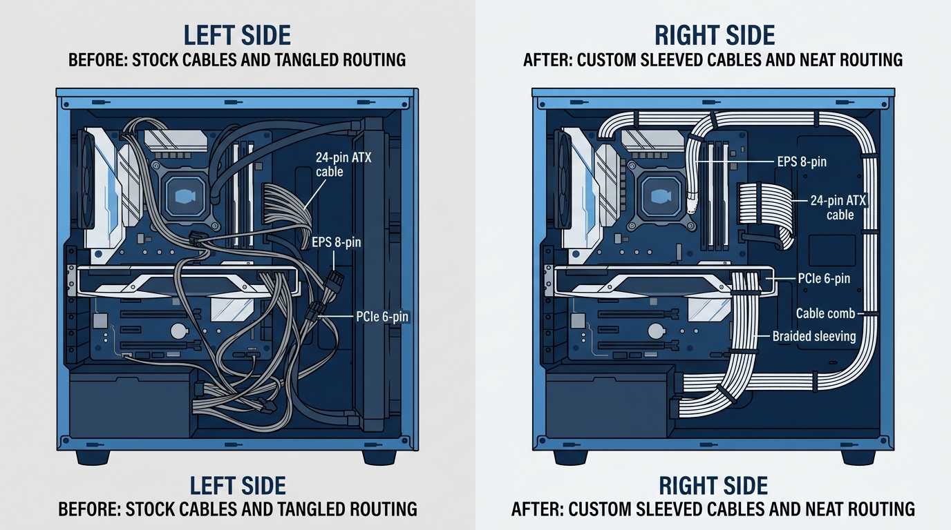 PC build interior cable management before after sleeving GPU EPS 24-pin