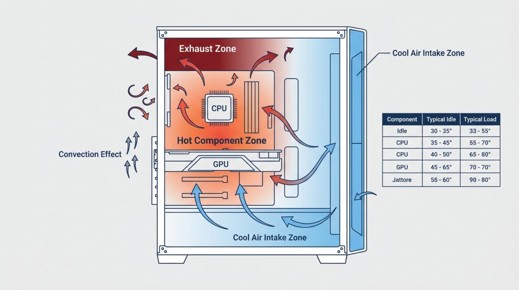 Cutaway diagram showing cool air entering front and bottom, then exiting past the CPU and GPU out the rear and top.