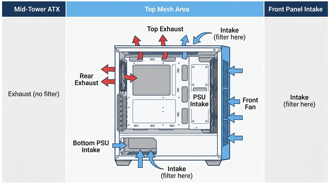 Cutaway diagram of a PC case highlighting dust filter locations at the front, bottom, and top panels