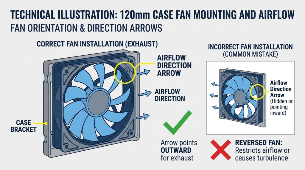 Close-up of a case fan frame showing the molded direction arrow that indicates intake or exhaust airflow.