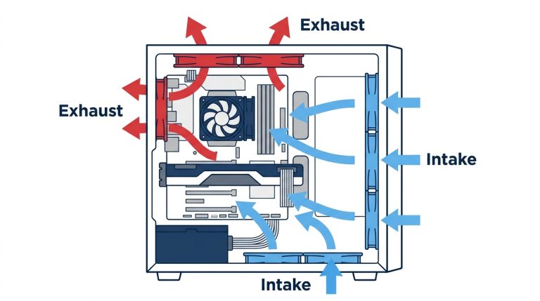 PC case airflow diagram intake exhaust fan placement front rear top bottom