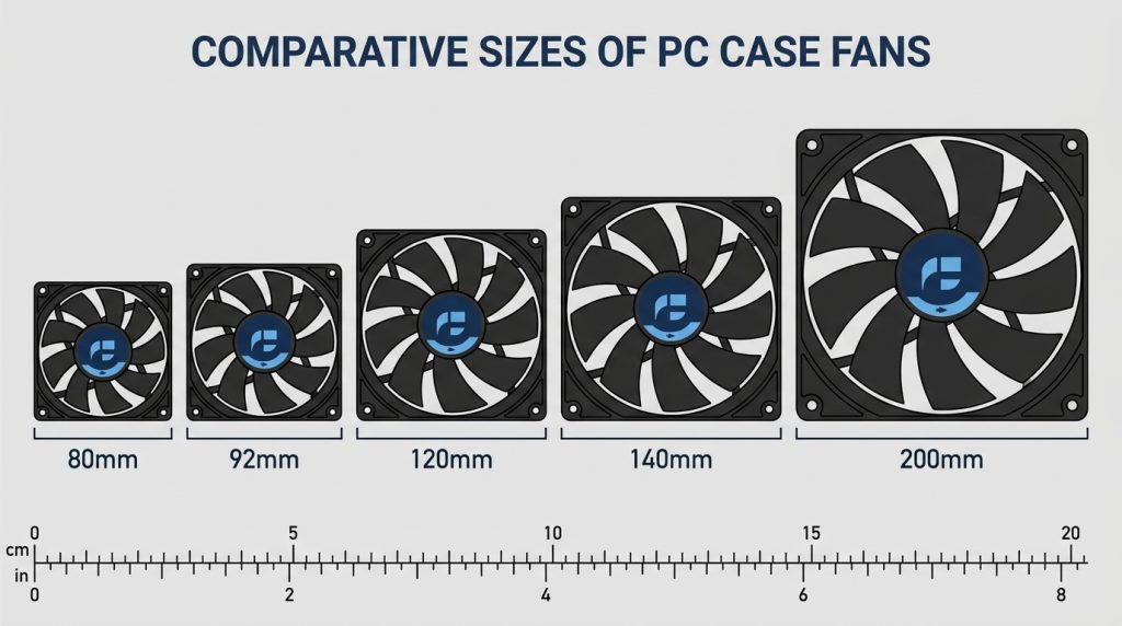 Five PC case fans in ascending size from 80mm to 200mm arranged side by side for scale comparison