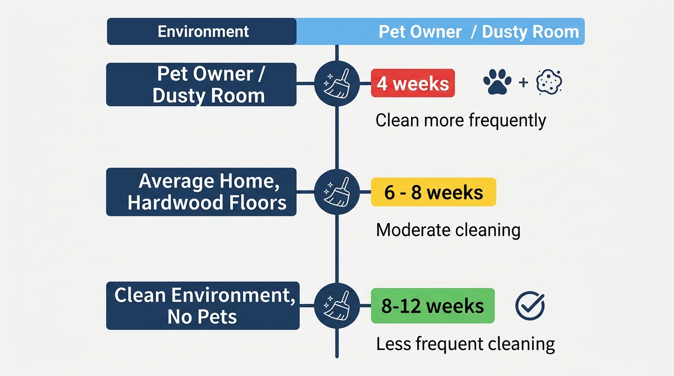 Calendar-style chart showing recommended dust filter cleaning intervals for different environments