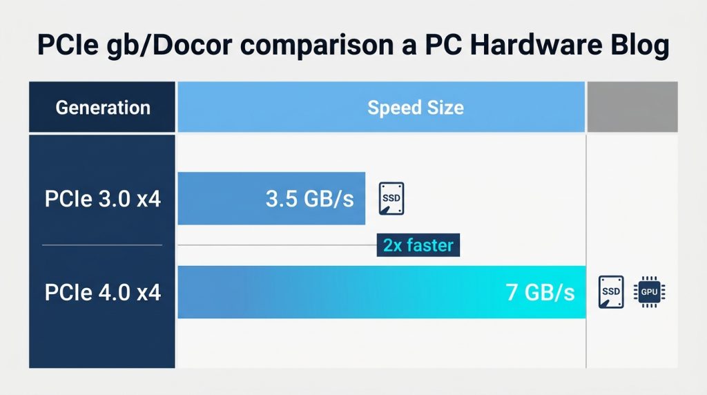 Diagram illustrating PCIe 3.0 versus PCIe 4.0 lane bandwidth, showing the doubled throughput of Gen 4.