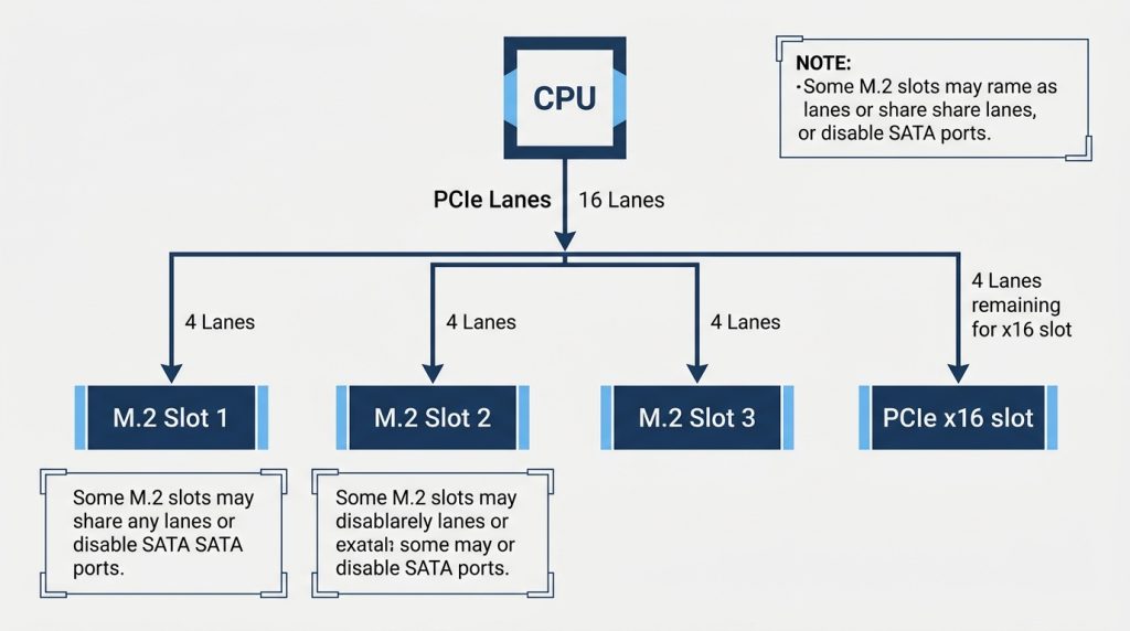 PCIe lanes NVMe M.2 slot sharing CPU bandwidth diagram