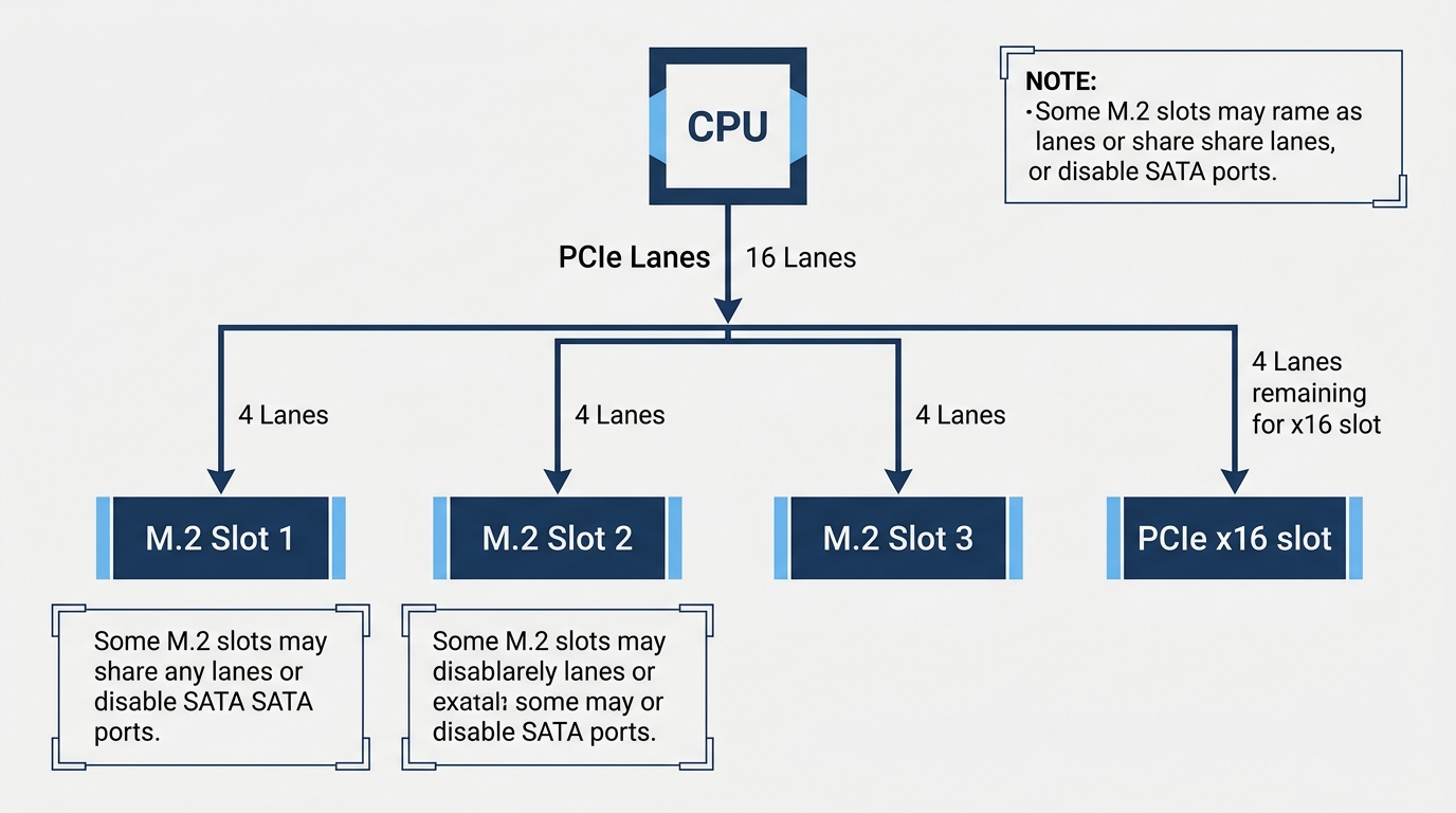 PCIe lanes NVMe M.2 slot sharing CPU bandwidth diagram