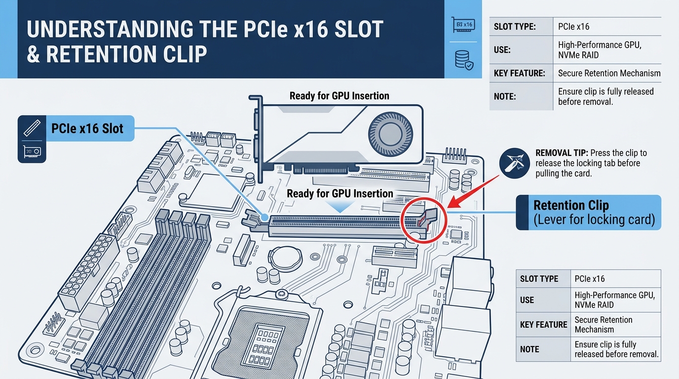 PCIe x16 slot with retention clip highlighted on motherboard