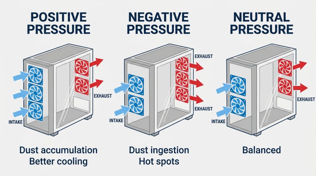 Diagram comparing positive, negative, and neutral case pressure with intake and exhaust arrow ratios