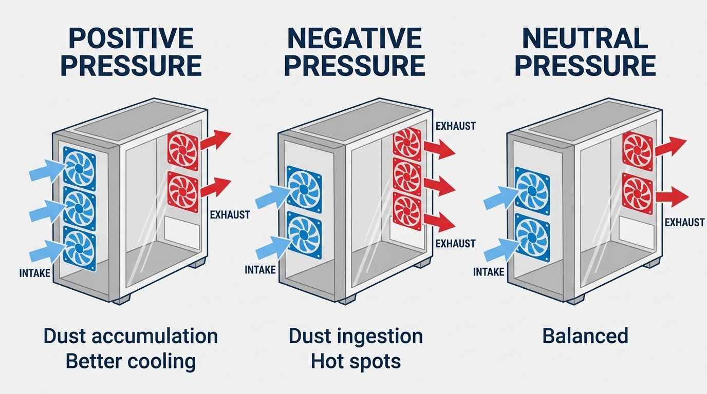 Diagram comparing positive, negative, and neutral case pressure with intake and exhaust arrow ratios