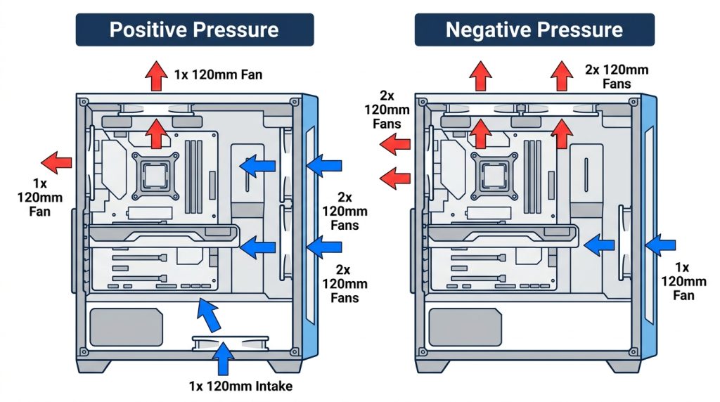 Diagram comparing positive vs negative case pressure, showing blue intake arrows and red exhaust arrows.