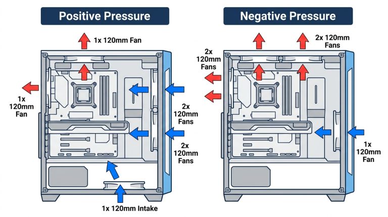 positive pressure negative pressure PC case airflow diagram blue intake red exhaust arrows