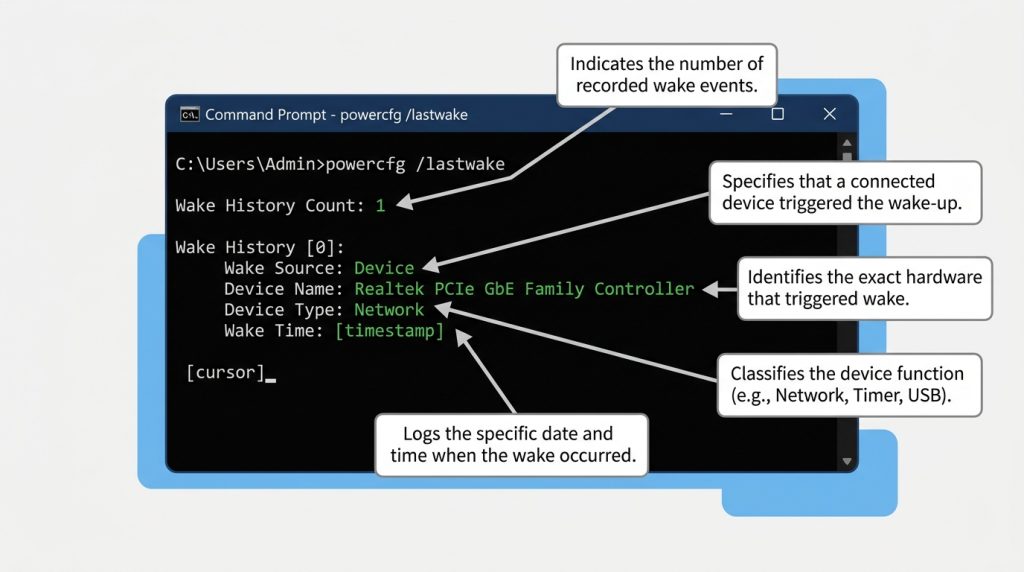 Command Prompt output of powercfg /lastwake showing wake source details