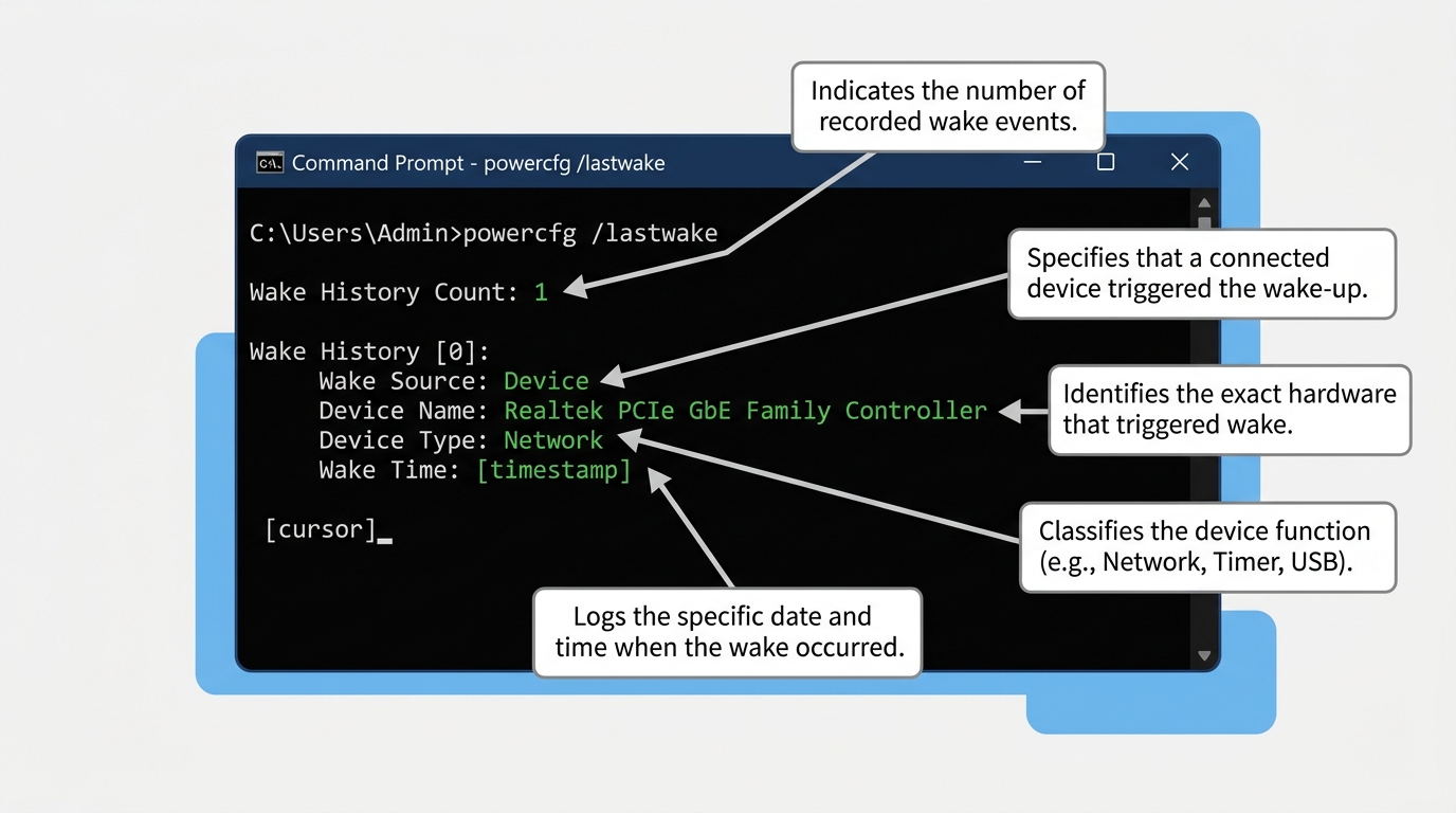 Command Prompt output of powercfg /lastwake showing wake source details
