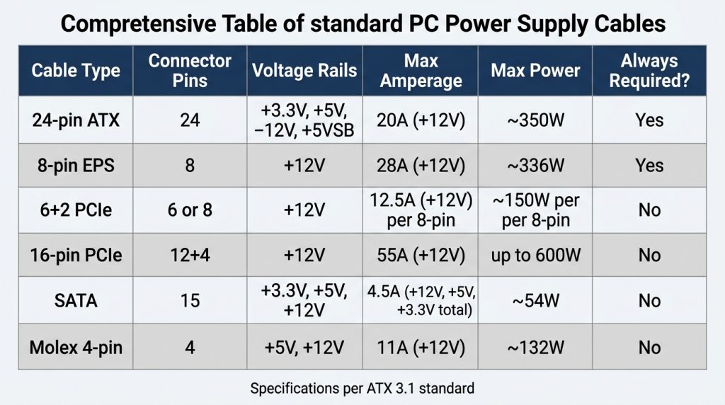 PSU cable specifications comparison table voltage amperage wattage 24-pin EPS PCIe SATA