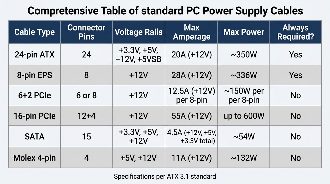 PSU cable specifications comparison table voltage amperage wattage 24-pin EPS PCIe SATA