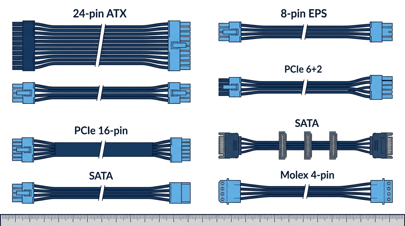 PSU cables 24-pin ATX EPS 8-pin PCIe 6+2 SATA Molex connectors