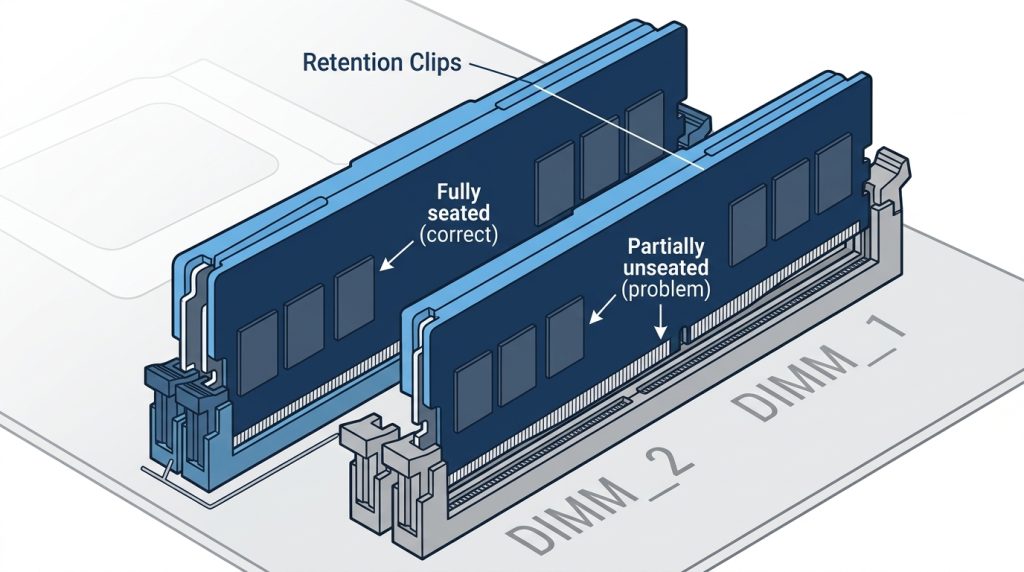 Side-by-side comparison of a RAM stick fully seated versus one left slightly unseated