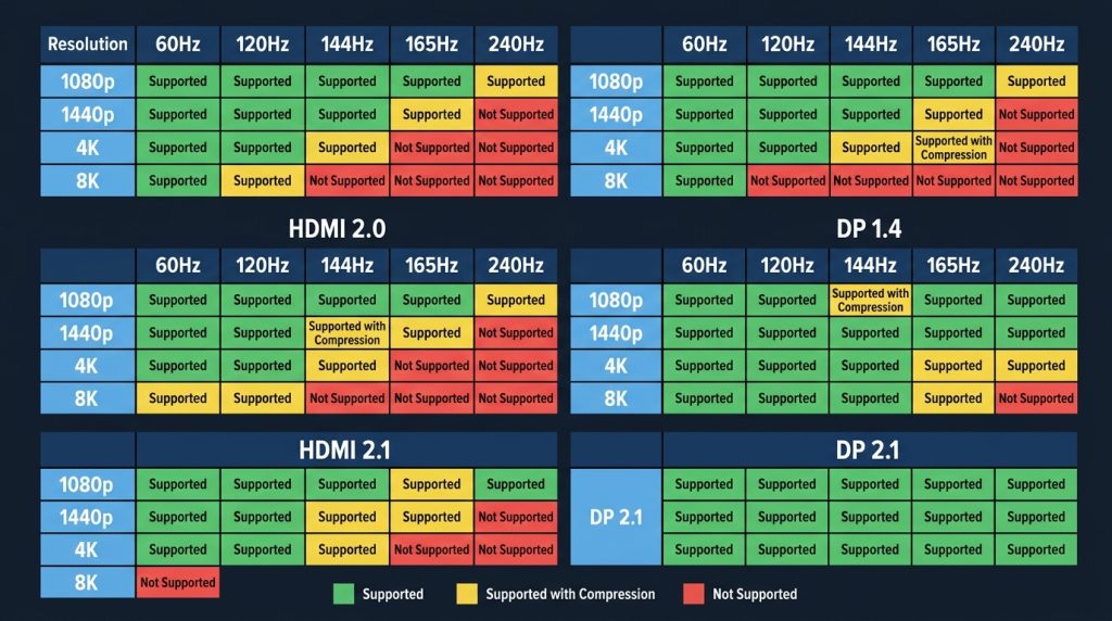 Grid matrix showing maximum refresh rates DisplayPort and HDMI support at each resolution tier