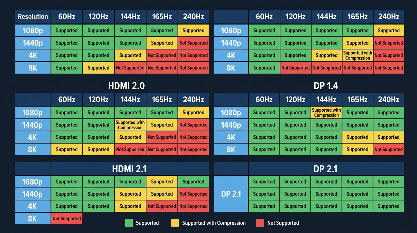 Grid matrix showing maximum refresh rates DisplayPort and HDMI support at each resolution tier