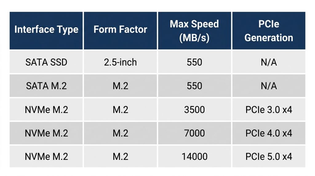 SATA vs NVMe M.2 SSD speed interface comparison chart