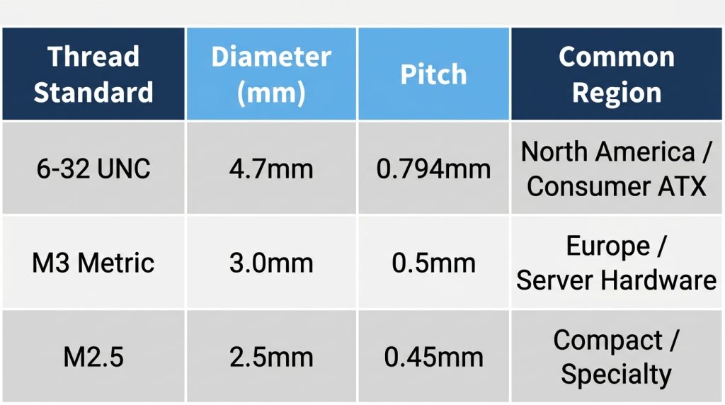 Comparison table listing 6-32 UNC and M3 metric standoff thread specifications side by side