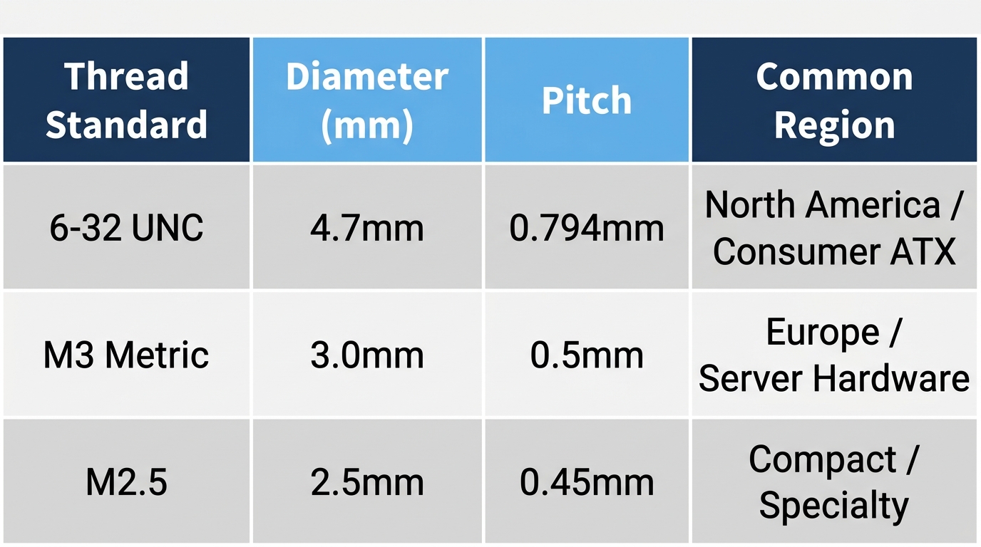 Comparison table listing 6-32 UNC and M3 metric standoff thread specifications side by side
