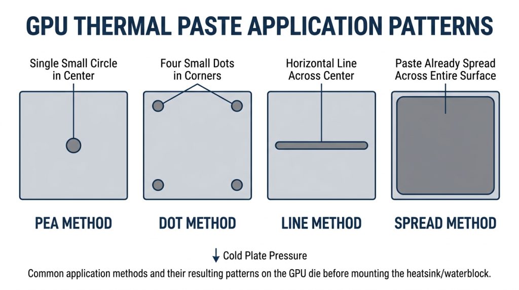 Comparison of thermal paste application patterns for a GPU die, including a centered dot and a cross pattern.