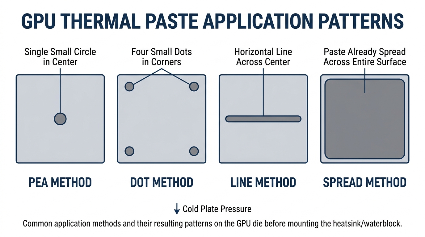 Comparison of thermal paste application patterns for a GPU die, including a centered dot and a cross pattern.