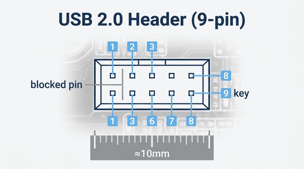 USB 2.0 header 9-pin connector motherboard with pin layout labeled