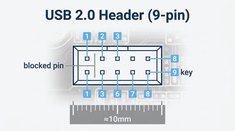 USB 2.0 header 9-pin connector motherboard with pin layout labeled