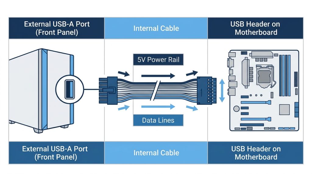 USB header cable routing internal motherboard case front panel connection