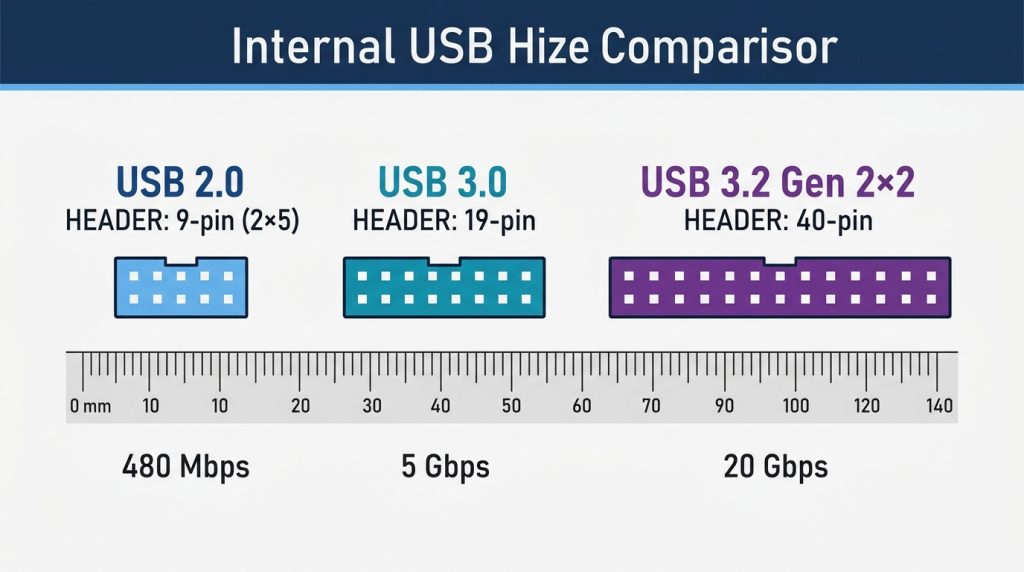 USB 2.0 USB 3.0 USB 3.2 header connector size comparison diagram