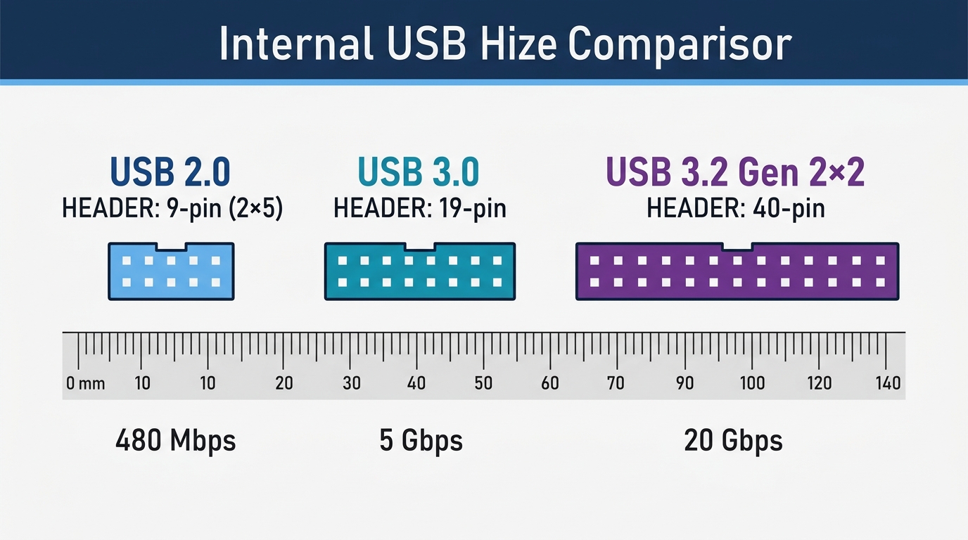 USB 2.0 USB 3.0 USB 3.2 header connector size comparison diagram