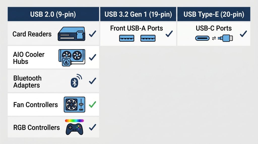 Chart matching front-panel ports, AIO coolers, and RGB controllers to the USB header type each one requires