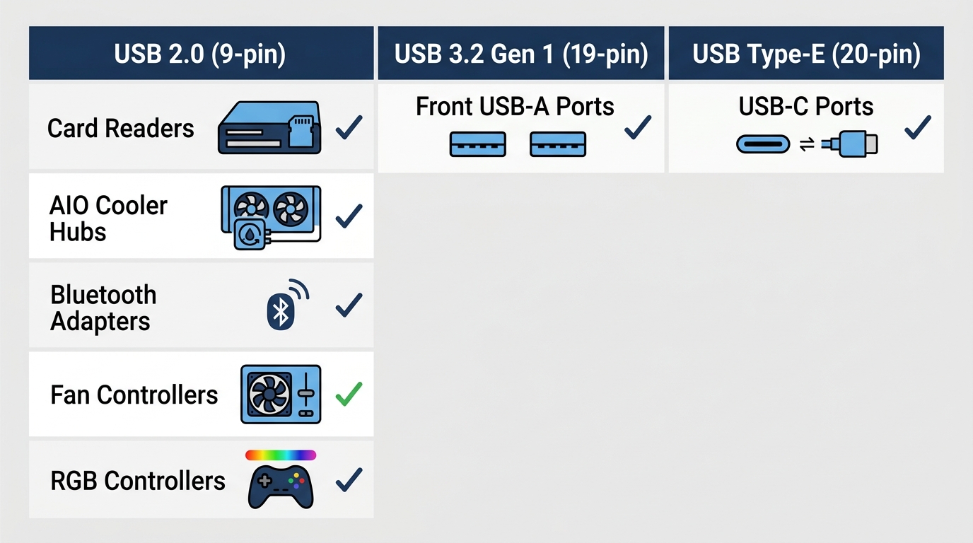Chart matching front-panel ports, AIO coolers, and RGB controllers to the USB header type each one requires