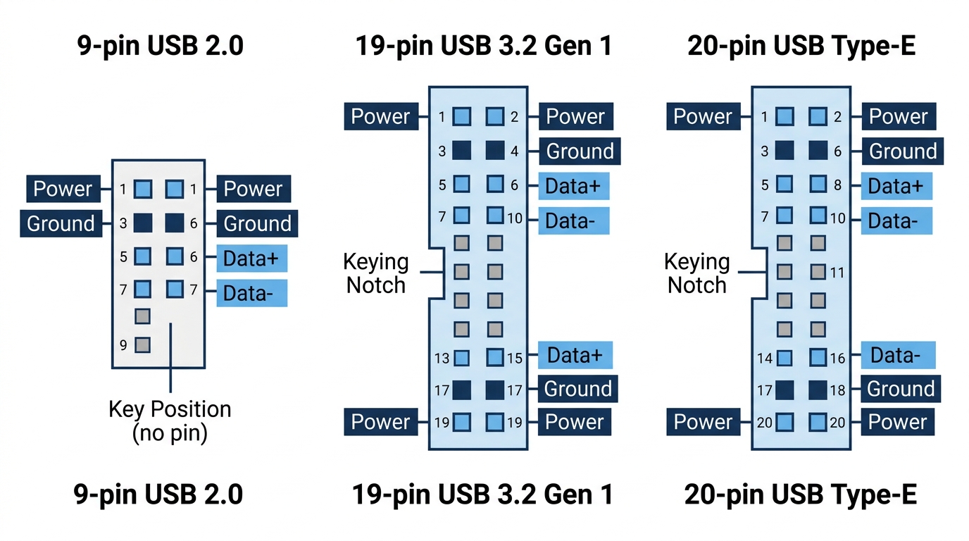 Side-by-side pinout comparison of 9-pin, 19-pin, and 20-pin motherboard USB header connectors